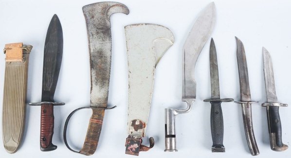 Lot of 6: Knives, Bayonets, Bolo, & Brush Axe.: Includes one handmade theater knife with all metal handle marked "US 1878", one US M7 Milpar bayonet, one Kutmaster knife with black composite handle and heavy steel guard, and one unsigned East India