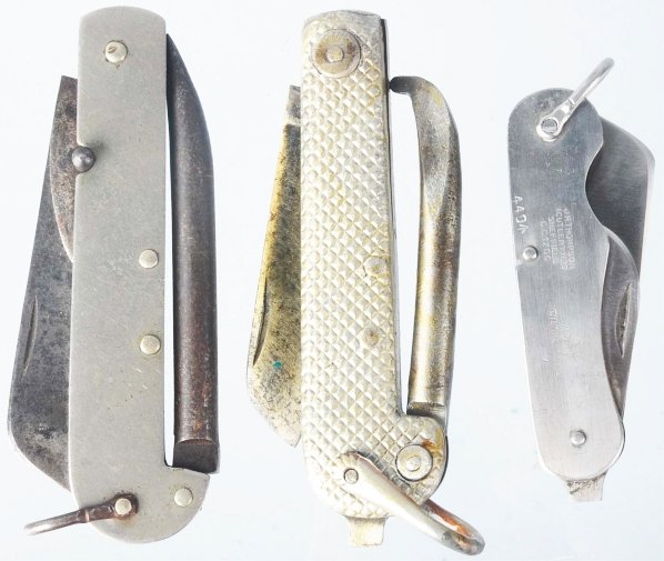 Lot of 3: Rope Knives & Utility Knife.: Includes one Case M.S. Ltd. XX three-blade rope knife with all metal handles, one Taylor Sheffield English rope knife with all metal handles, and one J.H. Thompson Cutlery Ltd. Sheffield three-blade u