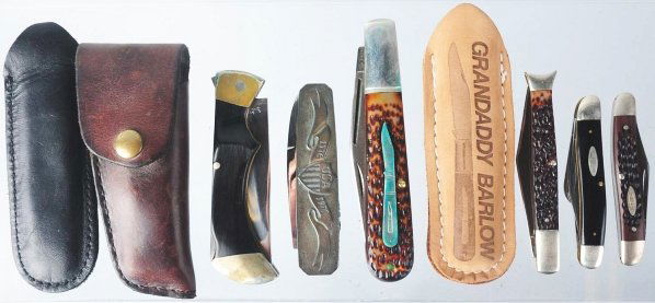 Lot of 6: Pocket Knives.: Includes one David Benitz handmade one-blade folding hunter knife with ebony handles, full nickel silver bolsters, saber ground clip point, and lock back feature that is broken or simply not working,