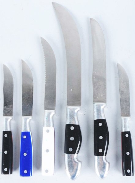 Lot of 6: Unsigned Handmade Kitchen Knives.: All knives have aluminum mounts and composite handles. Condition (Excellent - Near Mint). Size Largest Blade: 7 - 3/4" L