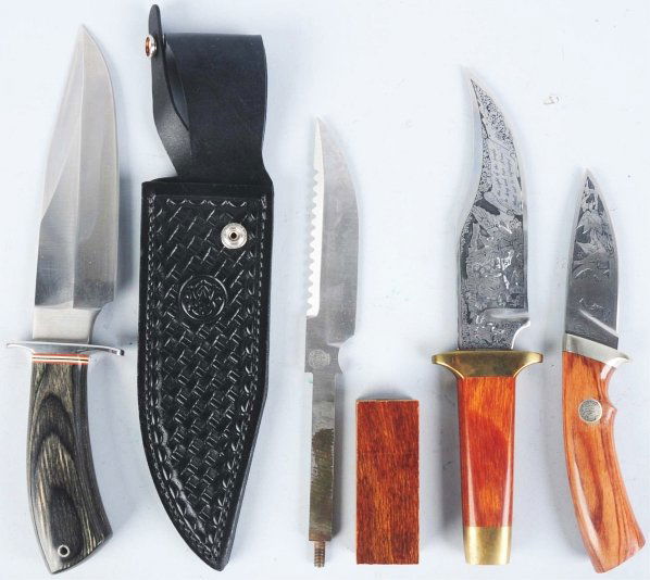 Lot of 4: Sheath Knives.: Includes one Smith & Wesson hand-crafted clip point saber ground bowie blade for "The Founders Smith & Wesson 1852-1996 144th Anniversary". Serial #376. Knife has full nickel silver guard. Handle is c