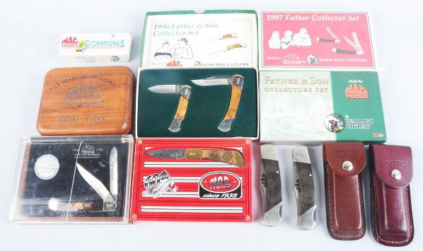 Lot of 9: Mac Tool Commemorative Folding Knives.: Contemporary. All knives made by Gerber or Bear. Condition (Mint in Box). Size Largest: 5" L.