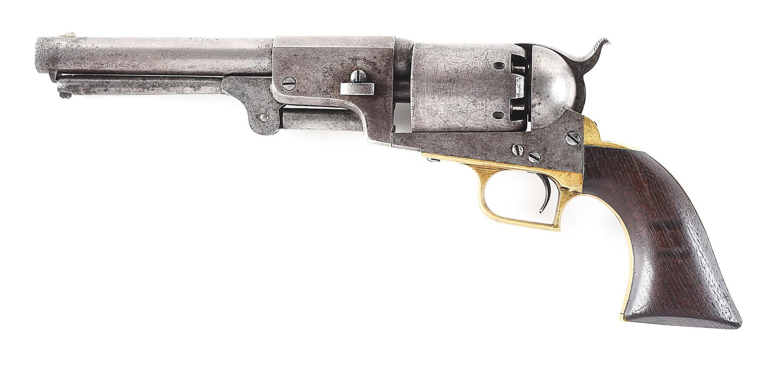 (A) MARTIALLY MARKED COLT FIRST MODEL DRAGOON PERCUSSION REVOLVER WITH DESIRABLE US DRAGOONS MARKED: Manufactured circa 1849 in classic configuration. Barrel address reads toward muzzle. Cylinder is marked with Texas Ranger roll die scene with desirable "U.S. Dragoons" marking. Martially marked on ma