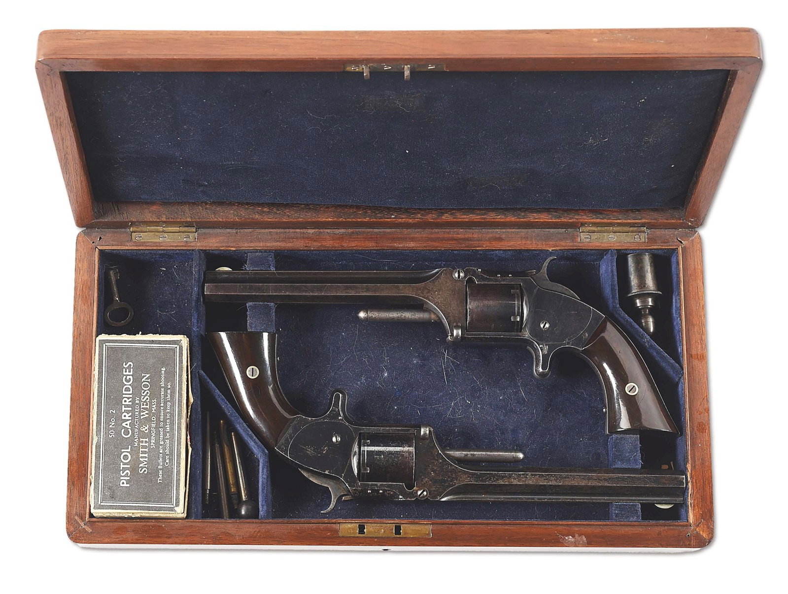 (A) HISTORIC CASED PAIR OF SMITH & WESSON NO. 2 ARMY REVOLVERS ATTRIBUTED TO GENERAL GRENVILLE: Born in 1831, Grenville M. Dodge began his storied career surveying for the Illinois Central Railroad, before moving on the the Union Pacific, where he suggested the path of the future Transcontinenta