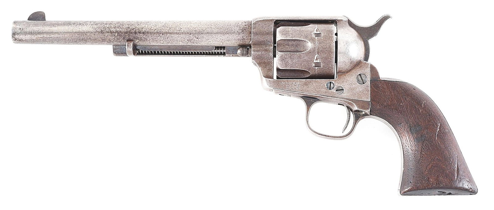 (A) COLT SINGLE ACTION ARMY REVOLVER (1880).: Manufactured in 1880 with classic configuration for the period, 7 - 1/2" barrel in .45 Colt with blue finish and walnut grips. Additional features include blade front sight, "V" notch rear sight, sing