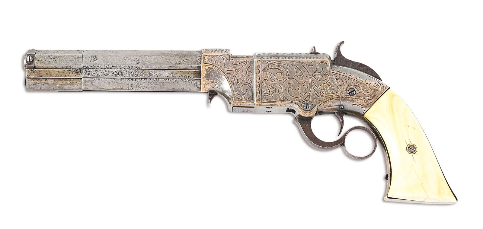 (A) RARE ENGRAVED NEW HAVEN NO. 2 NAVY BELT PISTOL.: Manufactured circa 1857 to 1862, only an approximated 300 Navy models were produced with 6" "Belt" length barrels. This example is fitted with a ribbed barrel with bead front sight and faint 2-line ad