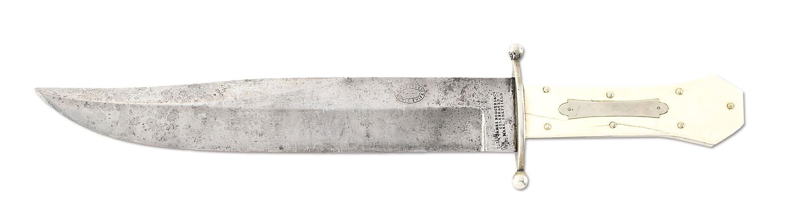 LARGE JAMES RODGERS & CO BOWIE KNIFE.: A large and impressive bowie knife that was crafted by James Rodgers & Co. Rodgers had made a name for himself producing an array of Bowie style knives for the domestic English market and for export t