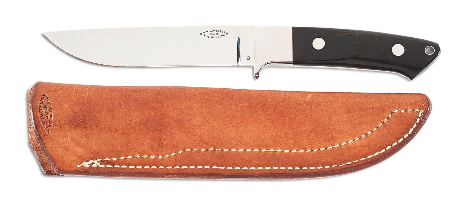 R.W. LOVELESS NO. 3 LONG HUNTER WITH BLACK BUFFALO HORN GRIP.: Nice example of a No. 3 Long Hunter knife that was crafted by renowned knife maker Robert "Bob" Loveless. The knife features a 5 - 1/2" drop point blade marked "R.W. LOVELESS / maker / Riverside, Cali