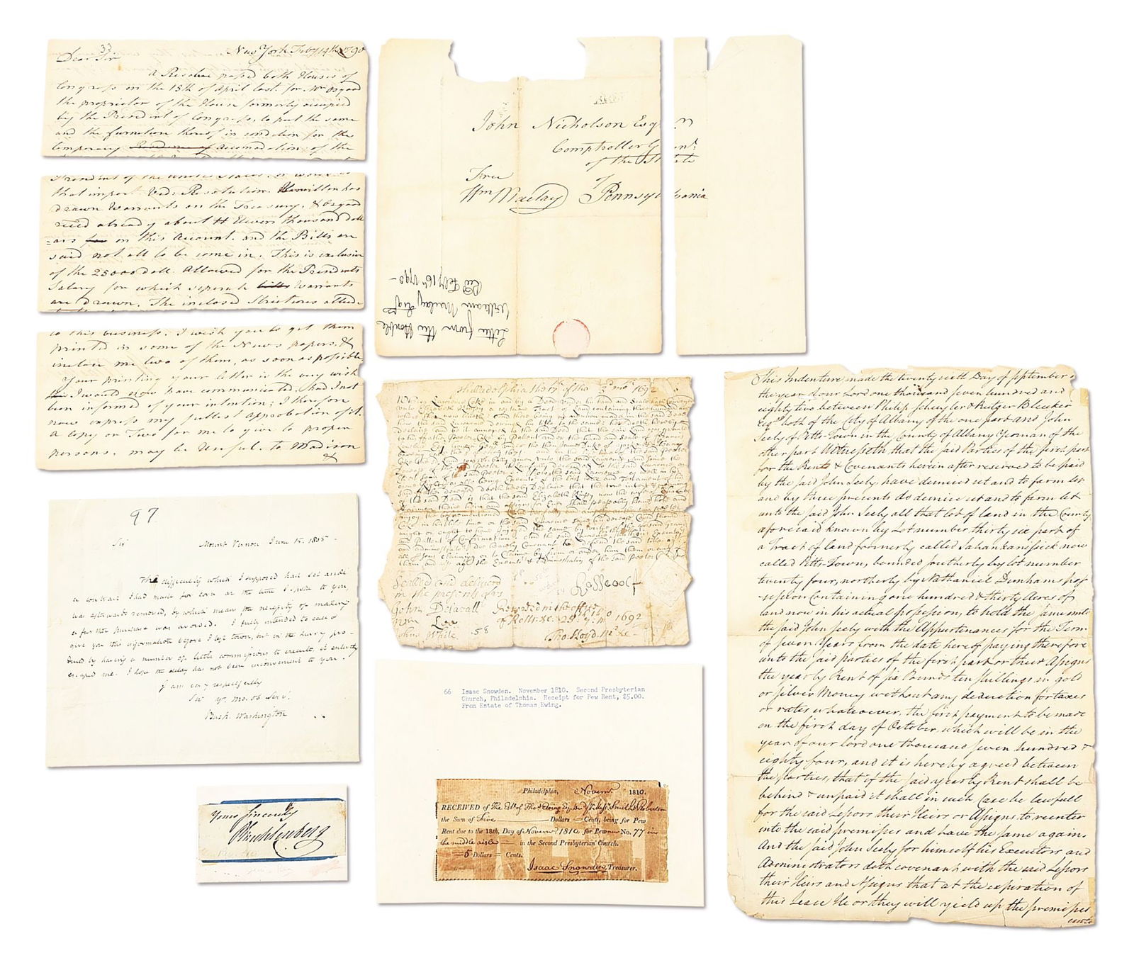 COLONIAL, REVOLUTIONARY WAR AND FEDERAL PERIOD DOCUMENTS: SEN. MACLAY AND HOUSING FOR WASHINGTON IN: Lot consists of 6 items: (A) 1790 letter from William Maclay, Pennsylvania Senator and opponent of John Adams, to Pennsylvania state comptroller John Nicholson regarding a bill to put the house former