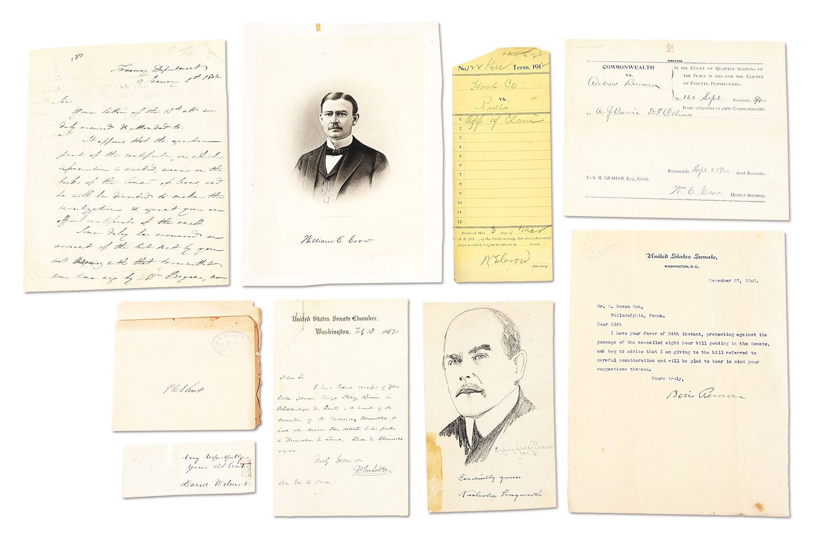 LOT OF DOCUMENTS: US POLITICAL FIGURES.: Lot consists of 7 items from 1 Ohio and 6 Pennsylvania political figures: (A) Albert Gallatin 3-pg ALS datelined “Treasury Department Jan. 4th, 1802.” Gallatin (1761-1849) responds to diff