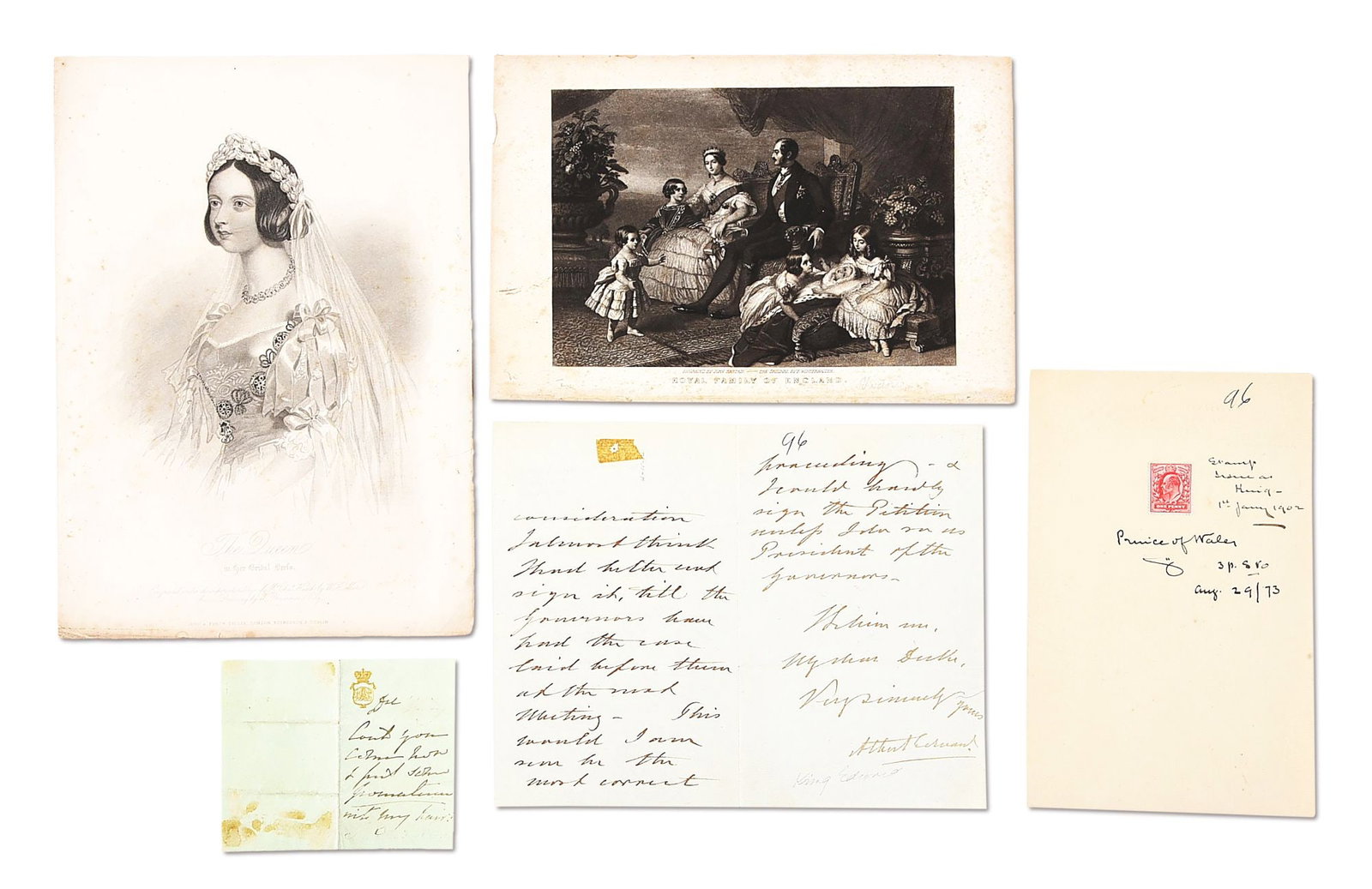 TWO BRITISH ROYAL AUTOGRAPH NOTES SIGNED: VICTORIA AND EDWARD VII.: Lot consists of two signed notes: (A) Small light green note with gold embossed seal at top, undated, asking a lady in waiting to come and help with her hair. Signed “VRg.” CONDITION: Very