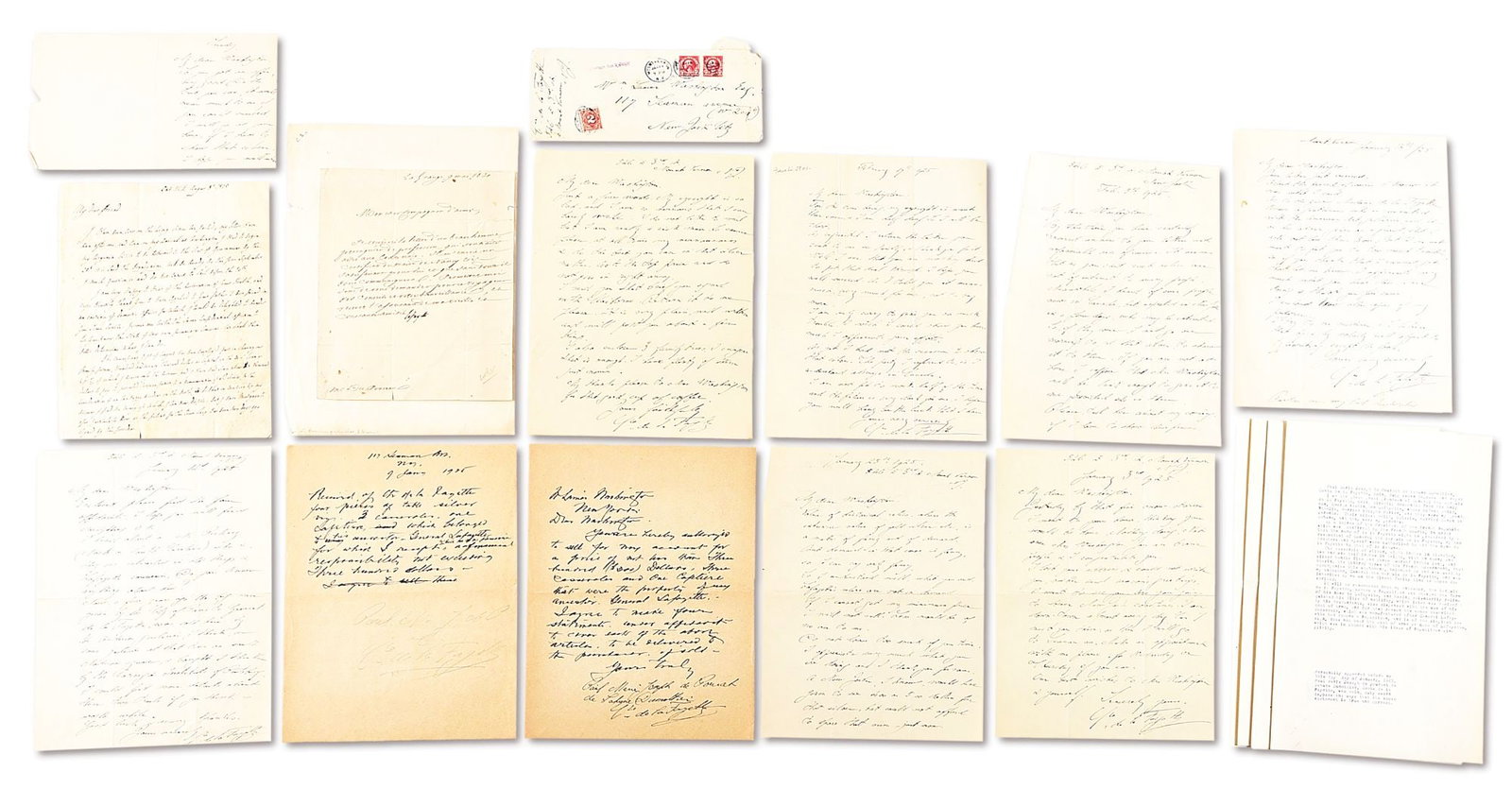 LOT OF DOCUMENTS FROM MARQUIS DE LAFAYETTE AND COUNT PAUL DE LAFAYETTE, EX-LATTIMER.: Lot consists of pieces of ephemera regarding Marquis de Lafayette including 2/3 page, 4to letter in French signed "Lafayette". La Grange, May 9, 1831, to Mr. Duponceau about furnishing a certificate f