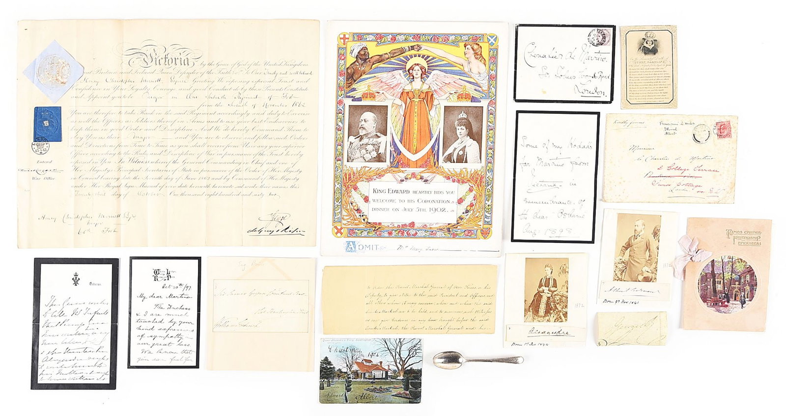 LOT OF DOCUMENTS FROM ENGLISH ROYALTY, EX-LATTIMER.: Lot consists of various documents signed by English Royalty including: An October 30, 1897 letter signed by King George V, August 6, 1895 letter signed by Queen Victoria, 2 clipped signatures of King 