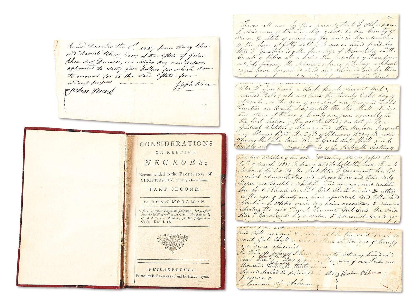 LOT OF 3: "CONSIDERATIONS ON KEEPING NEGROES" PRINTED BY BENJAMIN FRANKLIN AND 2 DOCUMENTS REGARDING: Lot consists of: (A) Woolman, John, Slavery & Abolition, 8vo, marbled and red leather covers with gold gilt lettering on the spine. Collected works of early abolitionist and Quaker John Woolman. The f