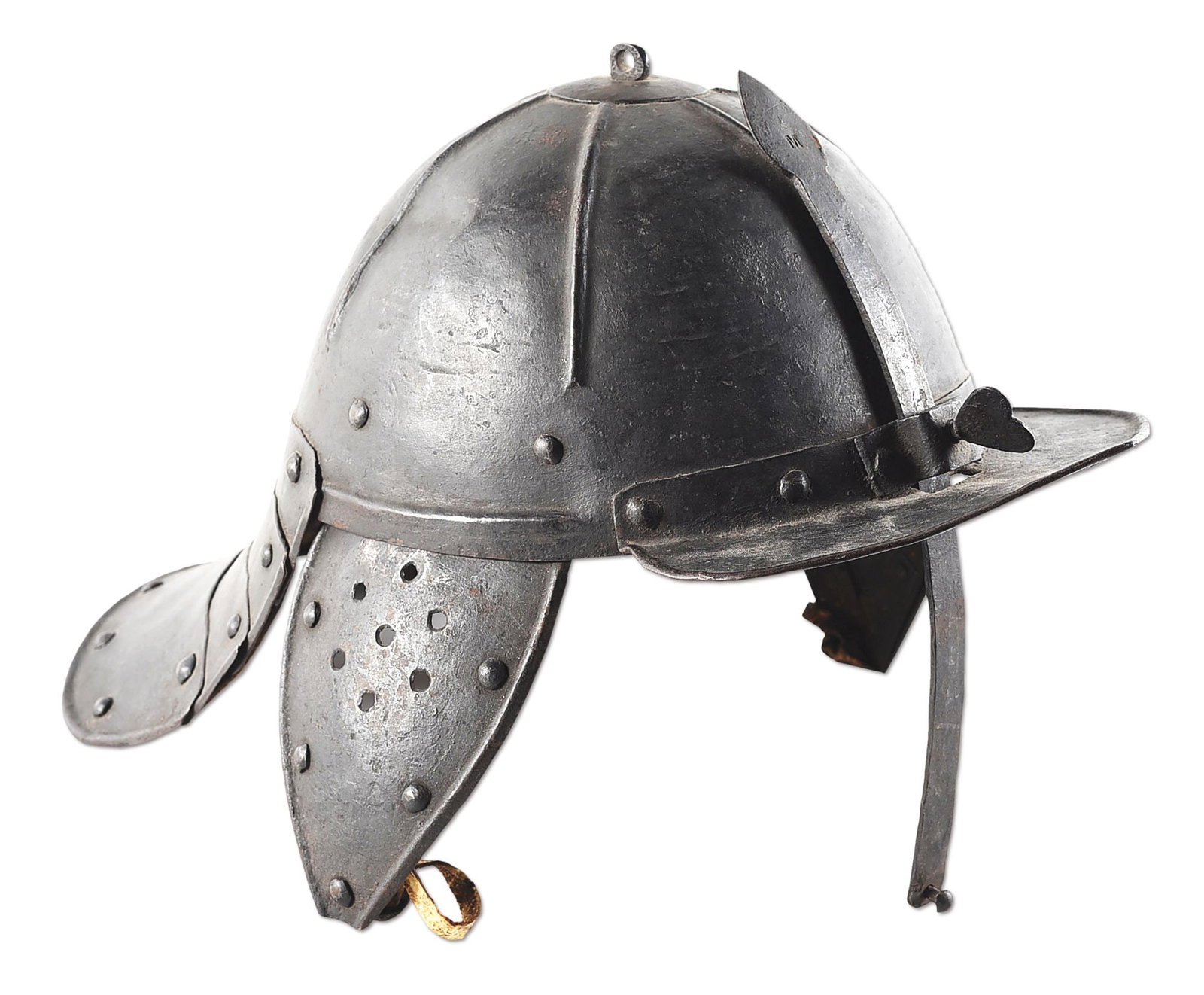ENGLISH CIVIL WAR LOBSTER TAIL HELMET.: These helmets were used by both Cromwellian forces and Charles I loyalists during the English Civil War. Blackened iron throughout. Iconic lobster tail neck defense of 4 lames (dated 1594 on bottommos