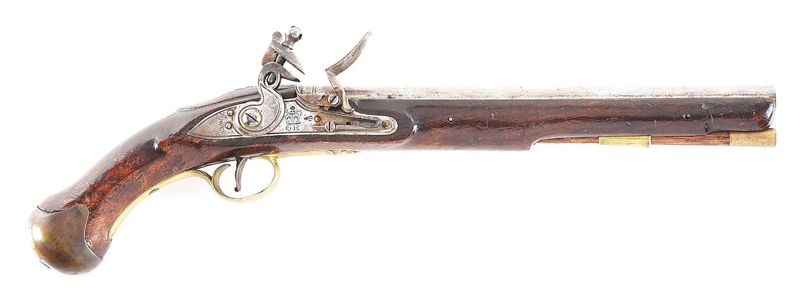 (A) BRITISH PATTERN 1801 FLINTLOCK SEA SERVICE PISTOL.: Of standard configuration, tapered round barrel with Tower proofs on left side, towards breech. Flat lockplate marked "Tower" at tail and engraved with crown over "GR" in center. Stamped below pan wit