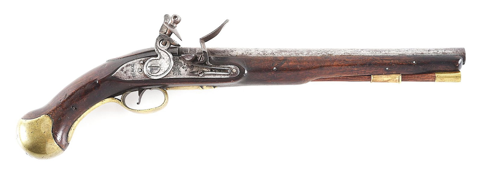 (A) BRITISH PATTERN 1777 SEA SERVICE FLINTLOCK PISTOL.: Of standard configuration, tapered round barrel with Tower proofs stamped on top, near breech and indistinct makers mark on left side. Flat lock with beveled edges, tail marked "TOWER" and engraved in