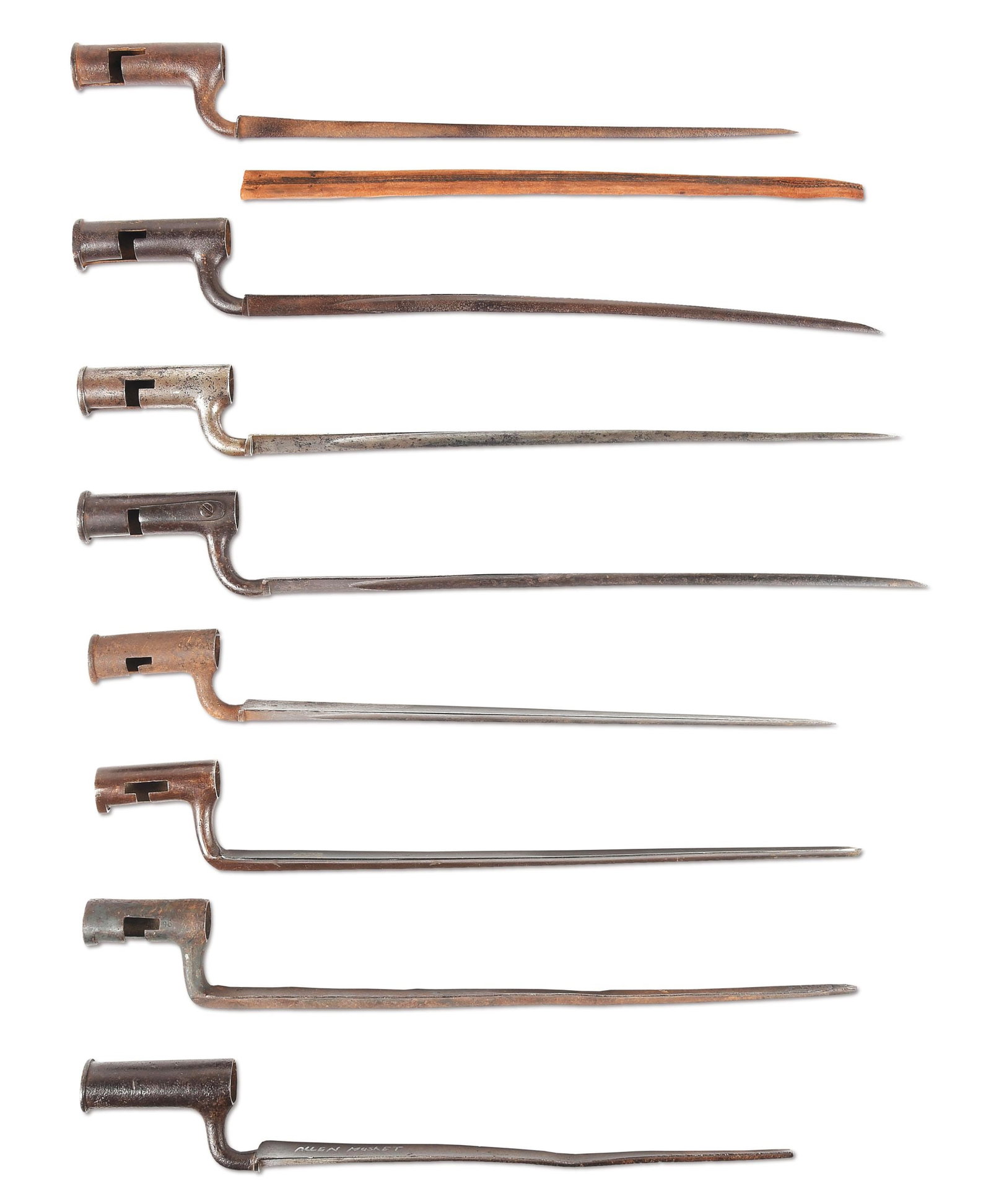 LOT OF 8 REVOLUTIONARY WAR AND SLIGHTLY LATER SOCKET BAYONETS: Lot consists of a good group of bayonets: (A) Four Revolutionary War Brown Bess bayonets, one marked with "(Crown) / 6" and "Osborn", along with ordnance mark. Another marked "(Crown) / 9" and "DAWES"