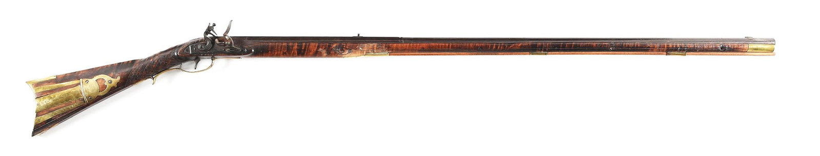 (A) MEWHIRTER SIGNED FLINTLOCK KENTUCKY RIFLE.: Unusual three-stage buck-and-ball barrel with brass front blade sight and notched rear sight. Barrel inscribed "J. Mewhirter". According to "The Kentucky Rifle in it's Golden Age" by Joe Kindig, Jr., 
