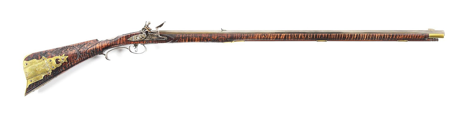(A) CONTEMPORARY LONGRIFLE BY R.S. BOYLESTON, AIKEN, SOUTH CAROLINA.: This attractive full stock flintlock longrifle was made by talented contemporary gunsmith R. S. Boyleston. The .54 caliber longrifle has a 39" octagonal barrel that is 7/8" across the muzzle. The high
