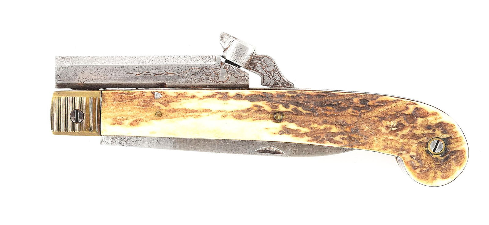 (A) RARE LACROIX CUT AND SHOOT PERCUSSION PISTOL.: Attributed to Jacques Lacroix of Liege. Smoothbore octagon barrel marked "LACROIX" on the top flat with light foliate engraving on the sides. Floral engraved percussion lock operated by a folding trig