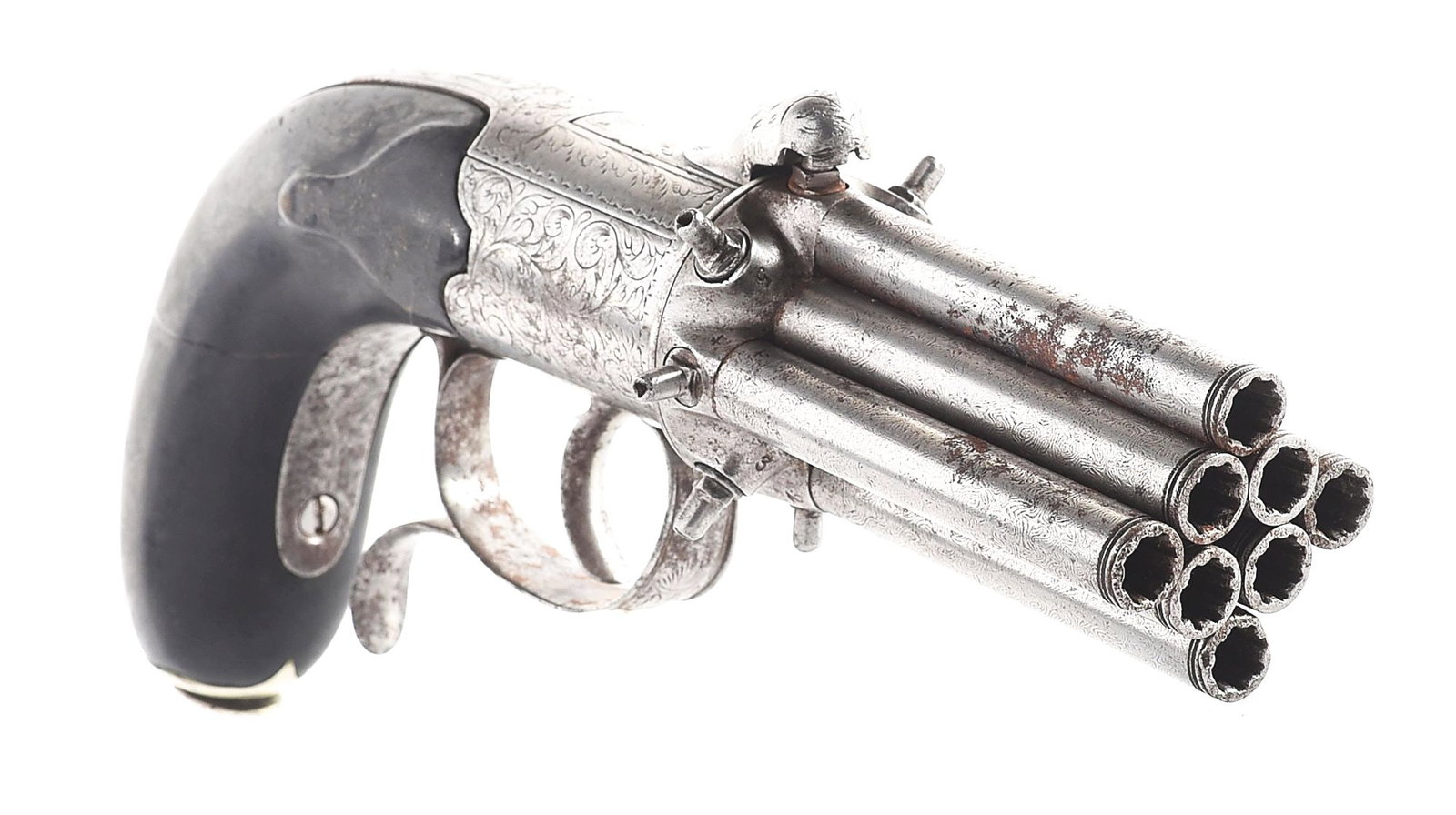 (A) UNUSUAL 8 BARREL BELGIAN J.J.H. BREVETE PERCUSSION PEPPERBOX REVOLVER.: Manufactured in Belgium, marked "J.J.H / BREVETE" on the top strap. Pistol features a cluster of 8 Damascus patterned barrels, each numbered at the breech, corresponding to numbers on the nipple bolst
