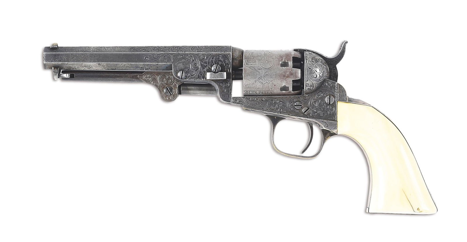 (A) ENGRAVED COLT 1849 POCKET PERCUSSION REVOLVER.: Manufactured 1862. A scarce configuration with six shot cylinder, and horizontally dovetailed front sight. Engraved in the style of Gustave Young or his shop with rolling acanthus scroll on a stippled