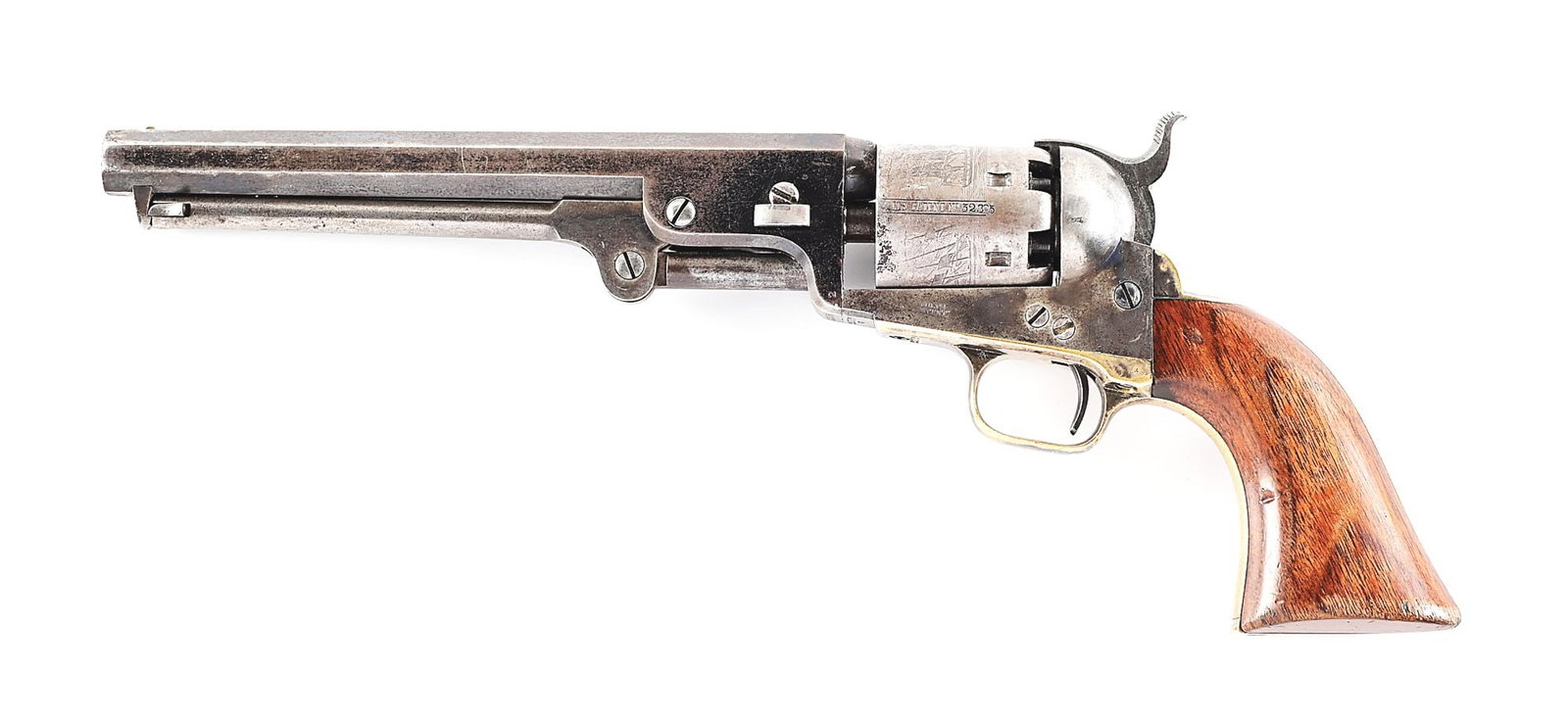 (A) COLT MODEL 1851 NAVY PERCUSSION REVOLVER.: Circa 1856 with polished blue octagon barrel, New York address, brass pin front sight, silver plated grip straps, and 1-piece walnut grips. CONDITION: Barrel retains approximately 40% factory blue, th