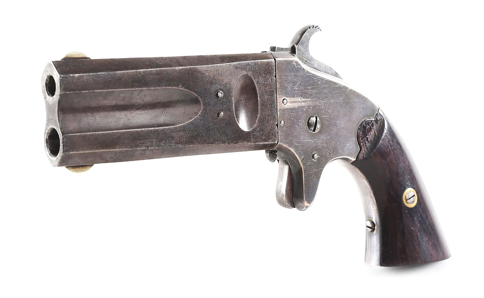 (A) AMERICAN ARMS TWIST BARREL COMBO .22 RF AND .32 RF DERRINGER.: Approximately 3,000 produced circa 1866 to 1878. Pistol features blued superposed .22 and .32 RF chambered barrels which are manually turned to the firing position, each fitted with a German silver ha