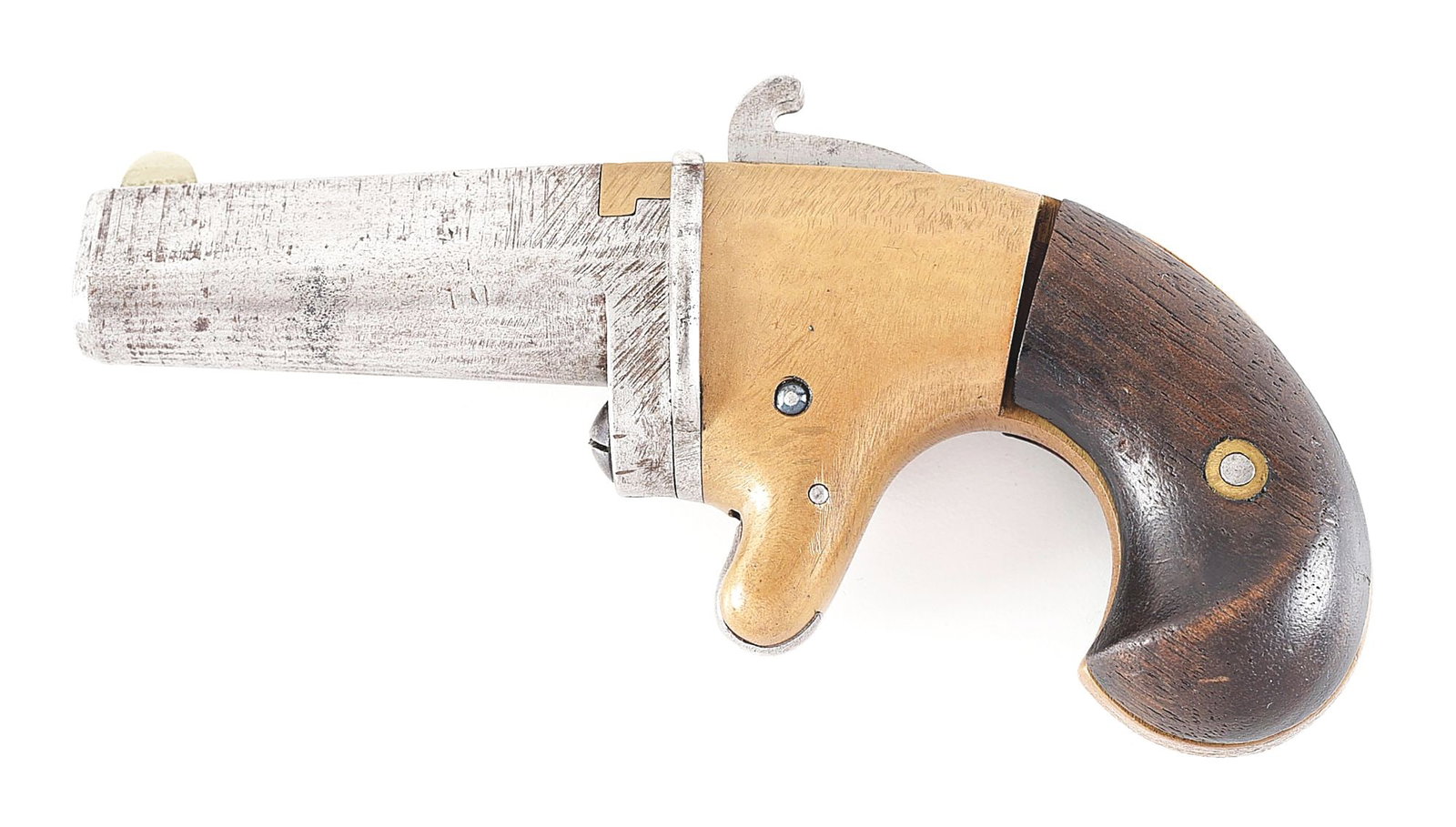 (A) UNIQUE PROTOTYPE NATIONAL ARMS CO. SECOND MODEL DERRINGER SERIAL NUMBER 11.: Manufactured by the National Arms Co. circa 1860s with low 2-digit "11" serial number. This prototype remains in an unfinished state with unusual lever blade extractor. Barrel is unmarked and roughly 