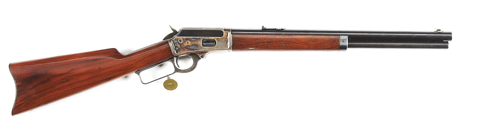 (C) RARE 18" MARLIN MODEL 94 LEVER ACTION SHORT RIFLE.: Manufactured circa 1904. Rifle features an 18" polished blue round barrel marked at the breech "44-40". German silver Rocky Mountain front sight and desirable platinum lined 3-leaf express rear sight.