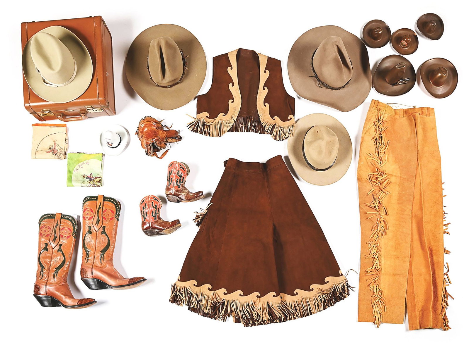 LOT OF WESTERN ATTIRE INCLUDING BOOTS AND STETSON HATS.: Lot consists of: (A) Two 'Round Up' silkscreened bucking bronc cowboy motif souvenir handkerchiefs. (B) 5 pressed copper and a ceramic 1920s miniature souvenir cowboy hats. (C) Child's cowboy boots wi