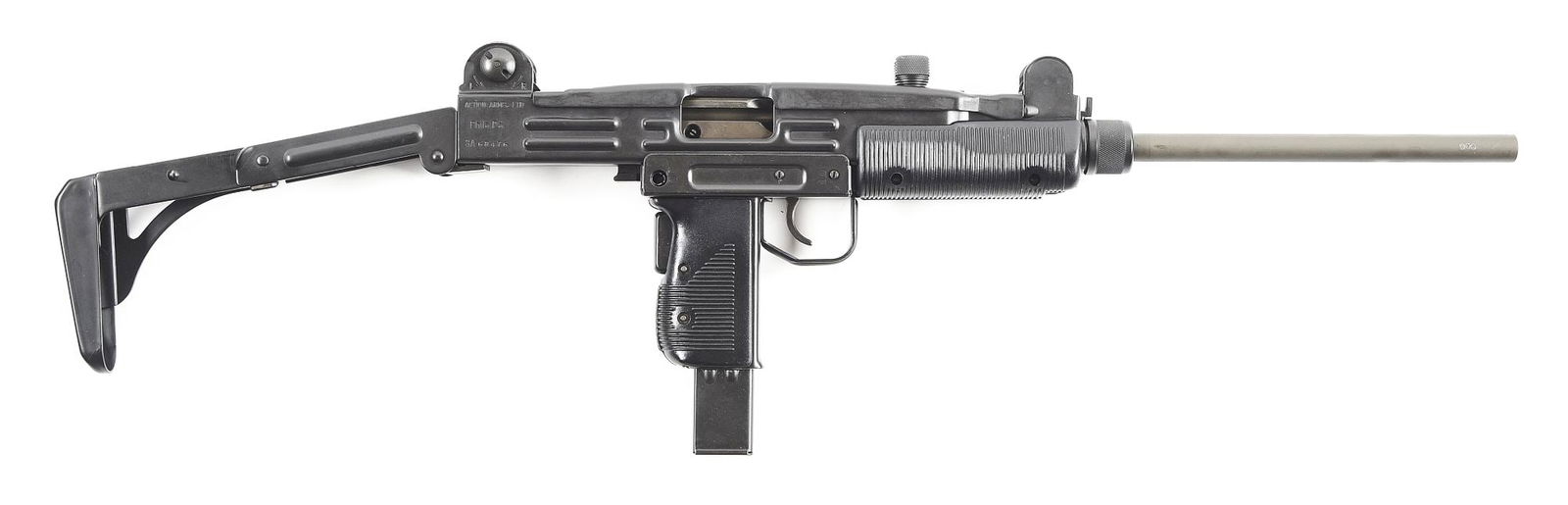 (M) PRE-BAN ACTION ARMS IMI UZI MODEL B SEMI-AUTOMATIC CARBINE.: Manufactured by Israel Military Industries in Israel and imported by Action Arms prior to 1989. Classic configuration with phosphate finished barrel, matte black stamped receiver, protected post front
