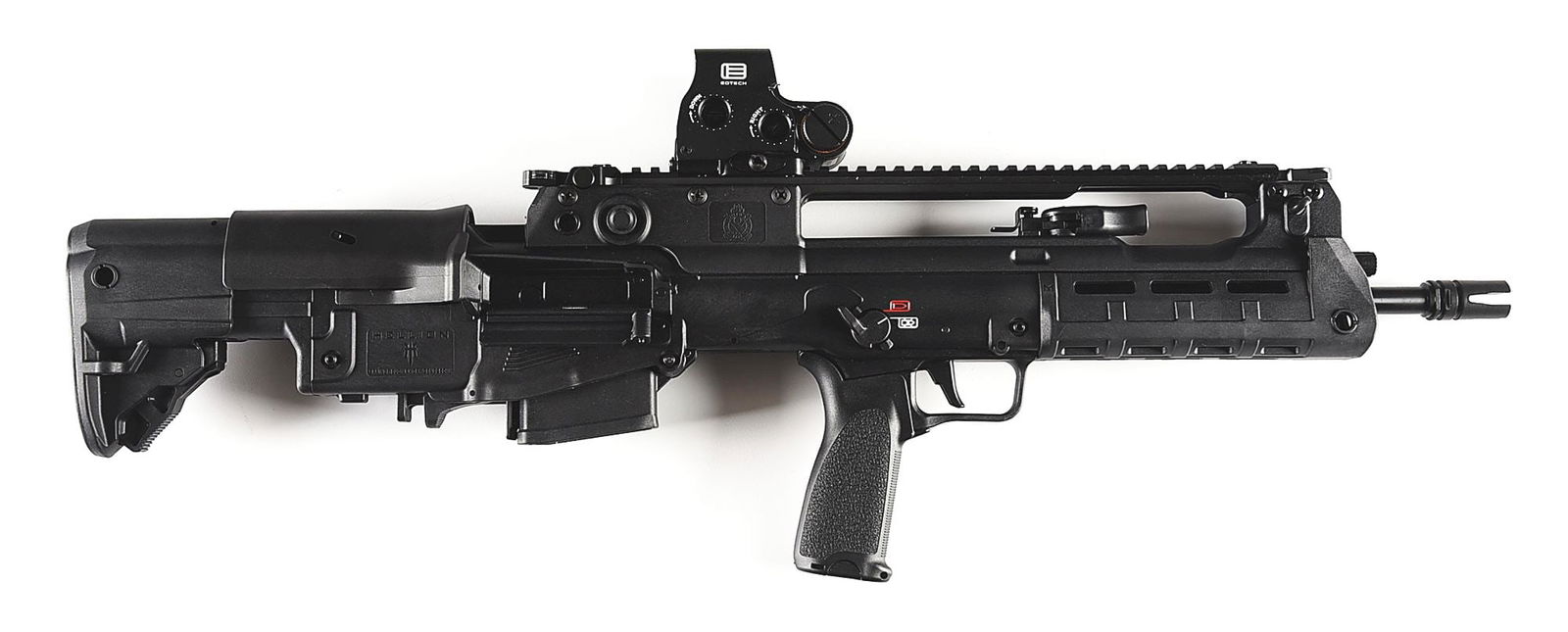 (M) SPRINGFIELD ARMORY HELLION SEMI AUTOMATIC BULLPUP RIFLE.: Based on the Croatian VHS-2, this compact semi automatic bullpup was introduced by Springfield Armory in 2022. Barrel with 4 prong flash hider. 14" optic rail with integral flip up iron sights and a n
