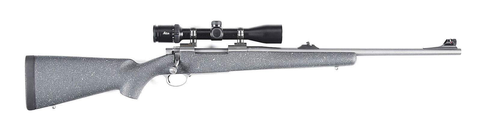 (M) NOSLER M48 BOLT ACTION .35 WHELEN RIFLE WITH FACTORY HARD CASE.: Finished in a durable matte gray nitride with a 22" tapered round barrel chambered in .35 Whelen. Safari style hooded high visibility front sight and adjustable u-notch rear superseded by a Leica ER 2