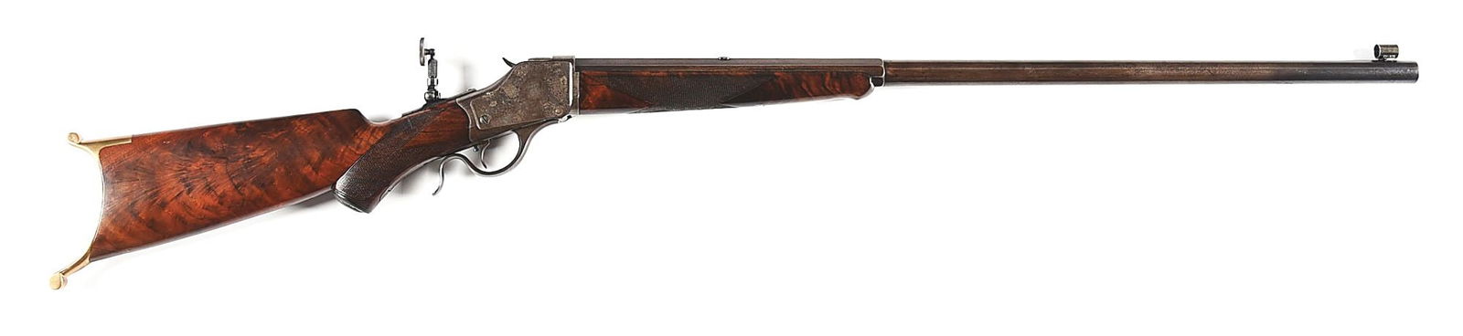 (A) DELUXE WINCHESTER MODEL 1885 HIGH WALL SINGLE SHOT RIFLE.: Included factory records indicate the serial number was applied to this rifle December 28, 1888, and it was shipped January 8, 1889. Rifle features a blued No. 3 weight half octagon barrel with Lyman