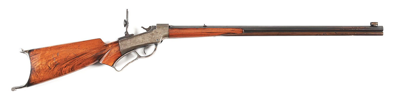 (A) SCARCE MARLIN BALLARD NO. 3F FINE GALLERY RIFLE.: Limited production circa late 1880s. Rifle features a blued 26" tapered octagon barrel chambered in .22 Long with globe front sight, v-notch dovetail rear, and tang mounted Vernier aperture sight. A p