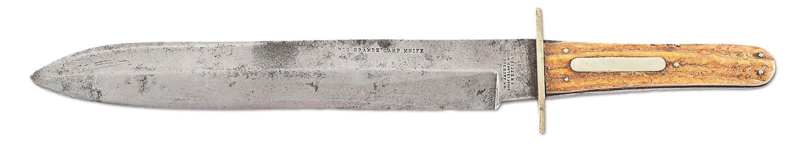 WM JACKSON & CO. "RIO GRANDE CAMP KNIFE".: Manufactured circa 1860. Arguably the most recognizable Bowie knife in the hobby due to its association on the night of April 15th, 1865, the night Abraham Lincoln was murdered by John Wilkes Booth, a