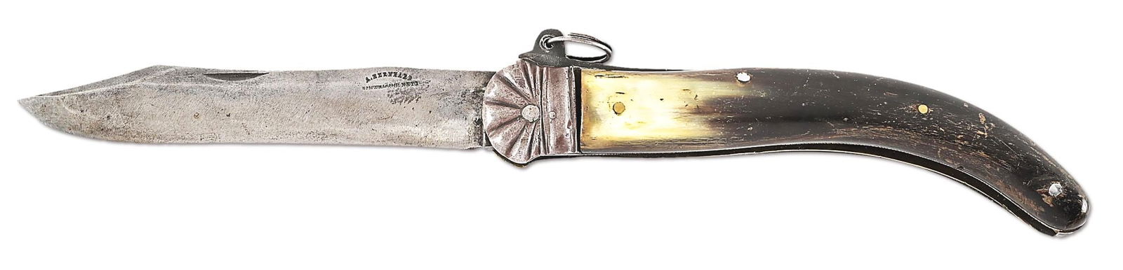 LARGE FOLDING KNIFE BY BERNARD.: Circa 1860-1880 large horn handled fighting knife with ring pull release characteristic of Spanish Navaja folding style blades. Seashell shaped throat with blade marked, "A. BERNARD" in upward curving