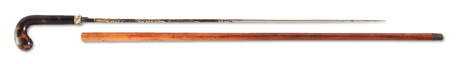 TOLDEDO MARKED SWORD CANE.: Circa mid-late 19th century sword cane with triangular blade that features blued and gold washed panels. Nice traces of original finish remains with scattered blemishes throughout. Blade is marked "TO
