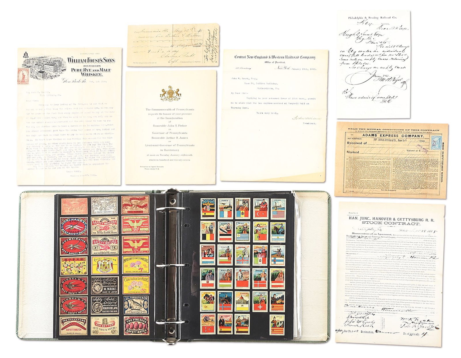 LOT OF MILITARIA, RAILROAD, AND TRAVEL RELATED EPHEMERA.: Lot consists of RR shipping receipts and colorful lithograph material. Receipts for Gettysburg Water on the Cornwall and Lebanon RR, Adams Express package, horses on the Hanover and Gettysburg RR, Phi