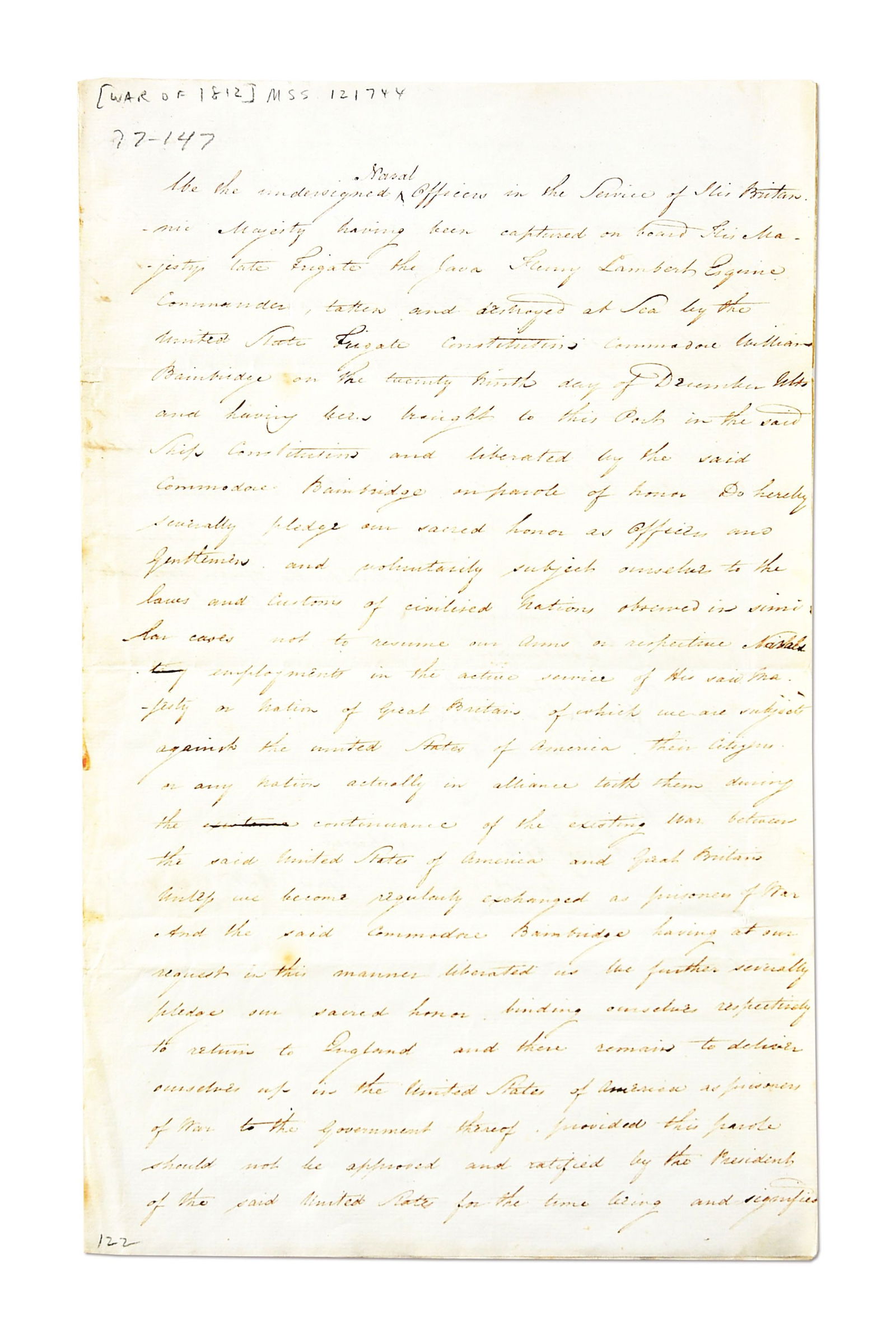 THE BATTLE BETWEEN "OLD IRONSIDES" AND "JAVA".: Contemporary copy of a manuscript, 2 pages, legal folio, written by Commander John Marshall, of an agreement of parole drawn up between the captured British officers of the HMS Java and Commodore Will