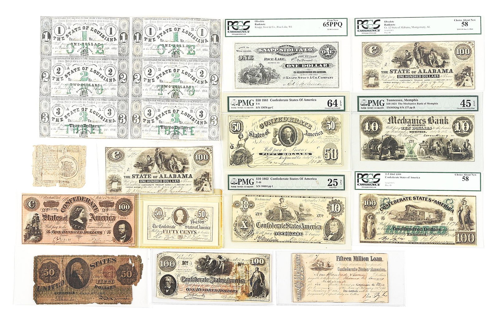 LOT OF OBSOLETE CURRANCY, MOSTLY CIVIL WAR ERA.: Lot consists of various pieces of obsolete currency, most of which dates to the Civil War era. There are banknotes from Alabama, Tennessee, Louisiana, Wisconsin; most are from the Confederate States o