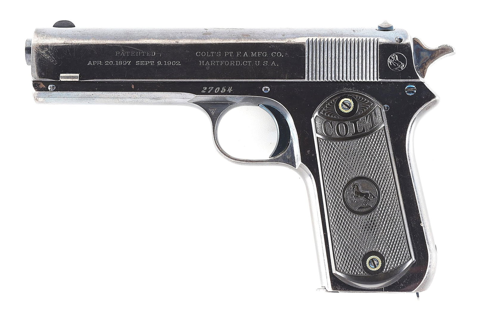 (C) COLT MODEL 1903 POCKET HAMMER SEMI-AUTOMATIC PISTOL.: Manufactured circa 1911. Finished in attractive high polish blue with bright nitre blue small parts. Standard 4 - 1/2" barrel chambered in .38 ACP with half moon front sight and drift adjustable u-not