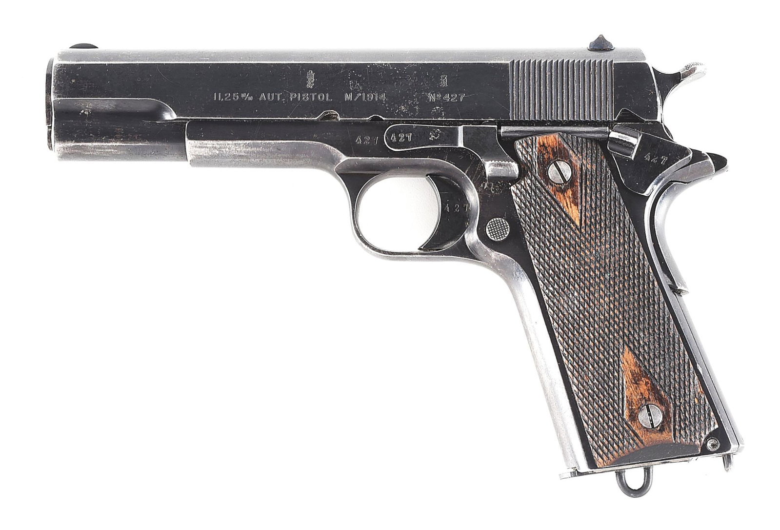 (C) EARLY KONGSBERG MODEL 1914 SEMI AUTOMATIC PISTOL WITH ORIGINAL ACCESSORIES.: Dated "1918" with early, 3-didgit "427" serial number, this example was produced in the first year of mass production. After purchasing some Colt 1911s for naval and army use, Norway licensed producti