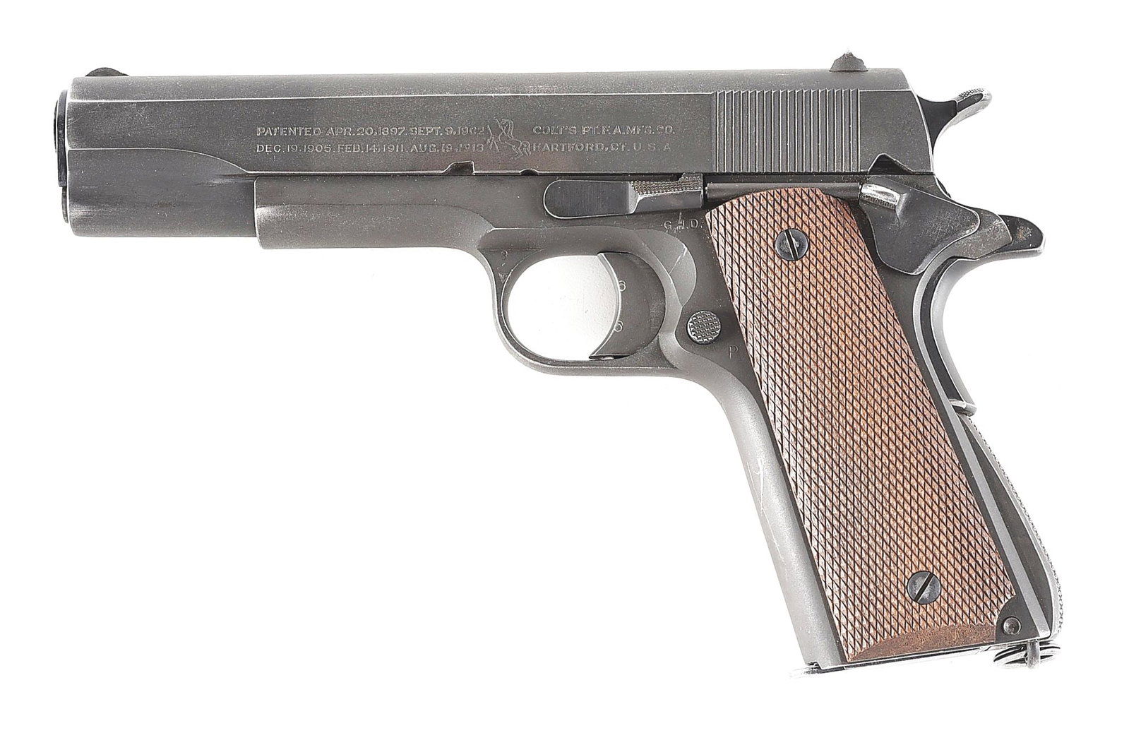 (C) COLT MODEL 1911A1 SEMI AUTOMATIC PISTOL (1943).: Manufactured in 1943 with features including serrated front sight, rounded U-notch rear sight, checkered slide lock, smooth long trigger, checkered magazine release, checkered thick tab safety, knurle