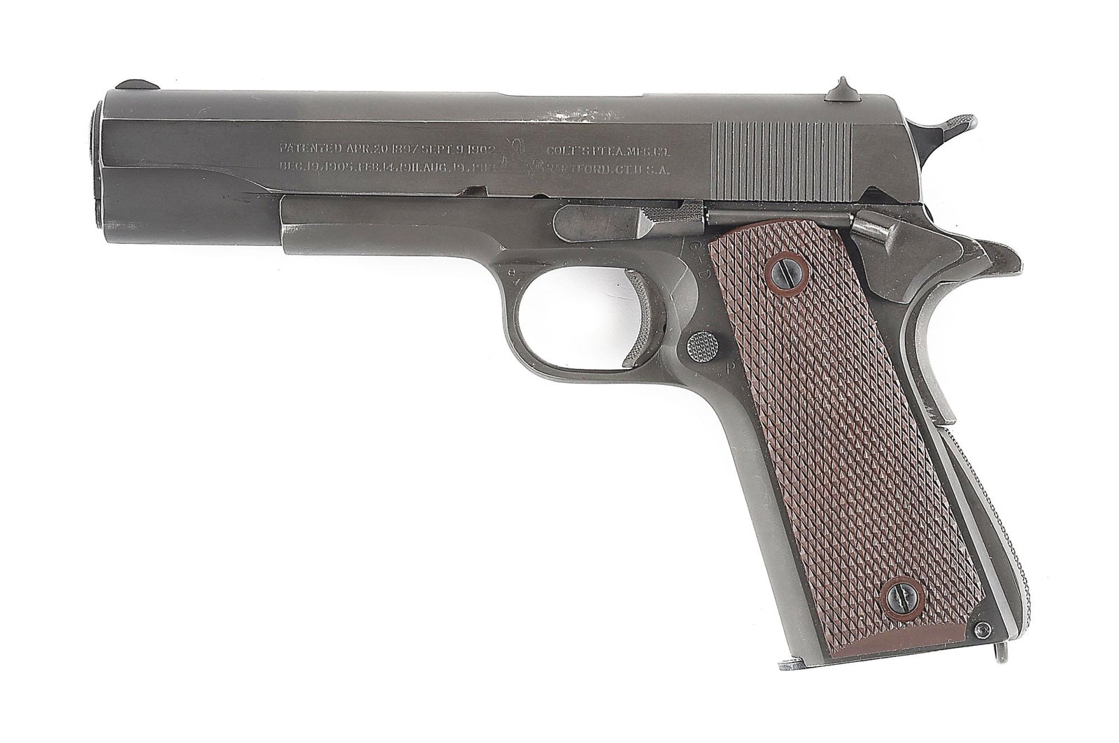 (C) COLT M1911A1 SEMI-AUTOMATIC PISTOL WITH HOLSTER (1943).: Manufactured in 1943. Features include serrated front sight, rounded "U" notch rear sight, knurled slide lock, knurled thick tab safety, short knurled trigger, checkered magazine release, knurled spur