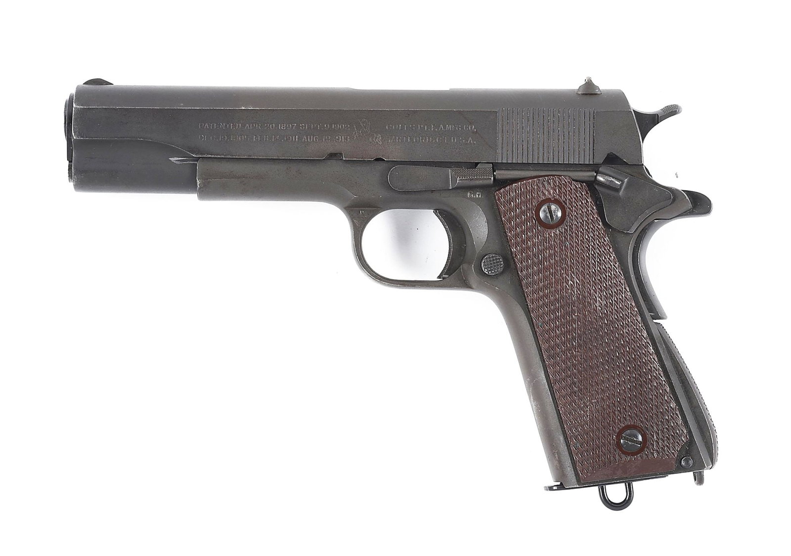 (C) COLT M1911A1 .45 ACP SEMI-AUTOMATIC PISTOL (1943).: Manufactured in 1943. Features include serrated blade front sight, round top square notch rear sight, knurled slide lock, knurled short trigger, knurled thick tab safety, checkered magazine release, k