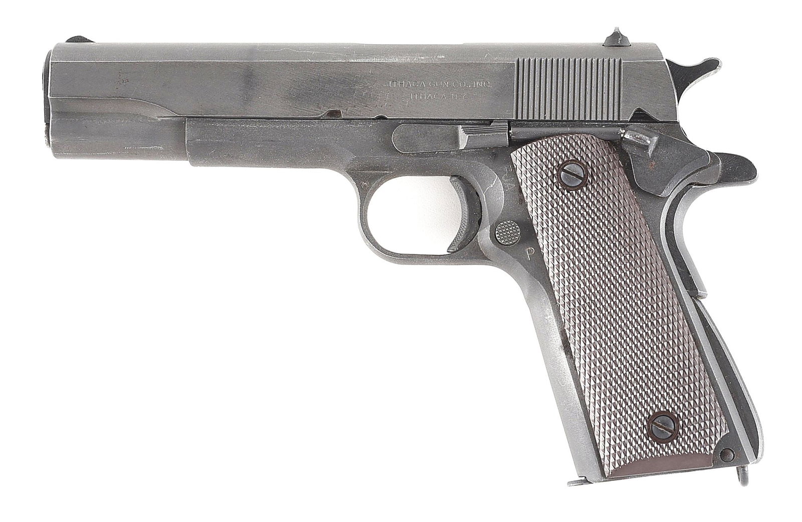 (C) ITHACA M1911A1 SEMI AUTOMATIC PISTOL.: Manufactured 1944 with serrated front sight and flat top U-notch rear sight. Roll die stamped with Ithaca manufacture marking on left side of slide and "P" proofmark near rear sight. Barrel is marked