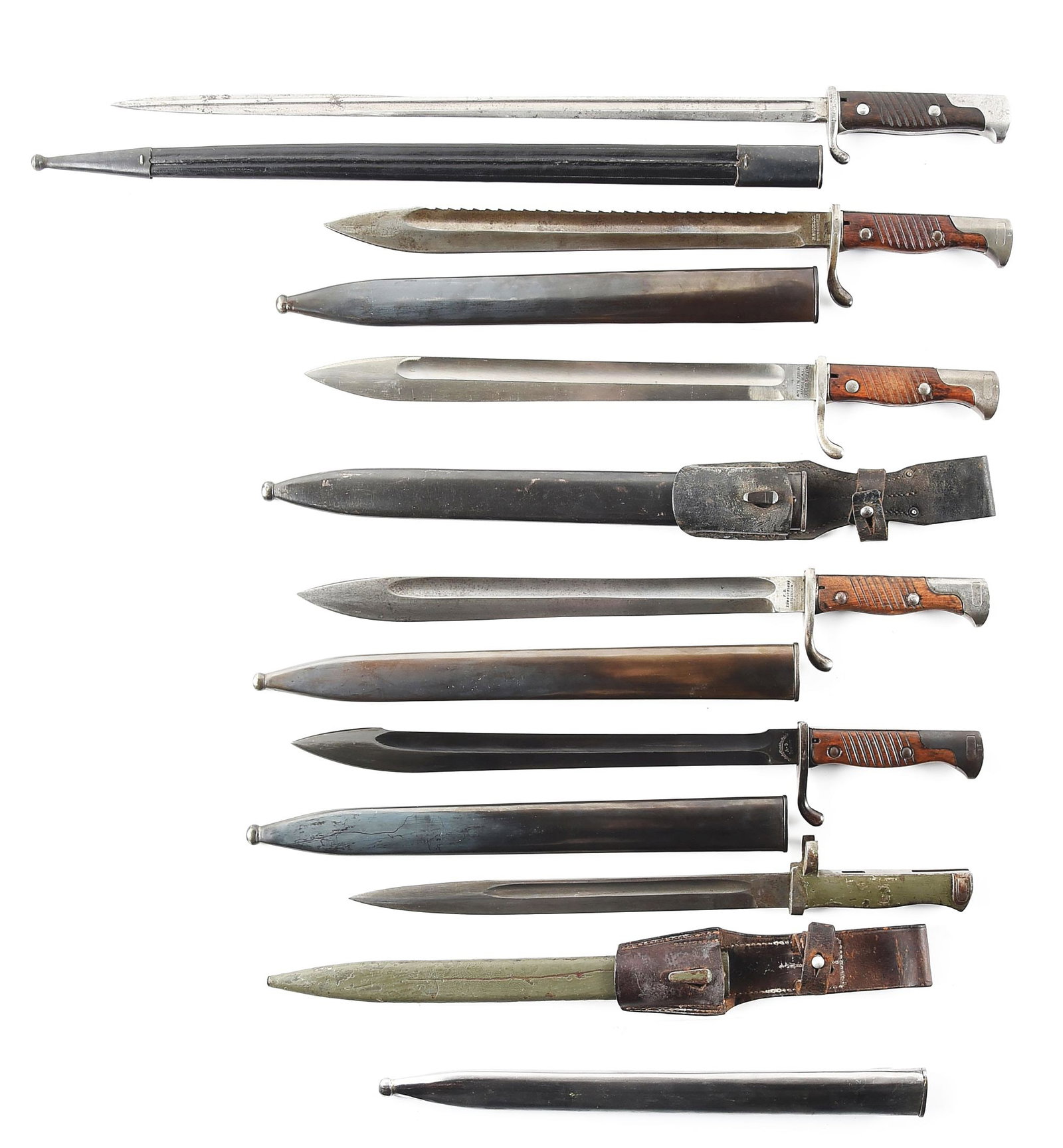 LOT OF 7: GERMAN WWI MAUSER BAYONETS.: Lot consists of: (A) Imperial German Seitengewehr Model 1898 pipe back bayonet. Marked V.C. SCHILLING / SUHL" on ricasso and dated 1907 on spine. Unit mark "B.1.R.6.71" on guard. Pitting and freckling